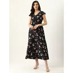 U&F Black Floral Printed V-Neck Cap Sleeve A-Line Dress-picture-19
