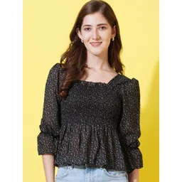 U&F Floral Printed Puff Sleeve Gathered Smocked Georgette Peplum Top-picture-31