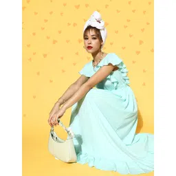 U&F Women Alluring Turquoise Blue Solid Tiered Dress image 1