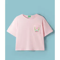 UCB 100% Cotton Knit Drop Shoulder Half Sleeves Cropped T-Shirt with Pocket & Floral Embroidery - Pink-picture-18