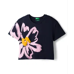 UCB 100% Cotton Knit Half Sleeves Pique Cropped T-Shirt with Floral Placement Print - Navy Blue-picture-14