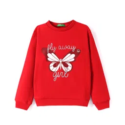 UCB Cotton Knit Full Drop Shoulder Sleeves Sweatshirt with Butterfly & Foil Glitter Print - Red-picture-27
