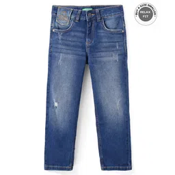 UCB Cotton Woven Full Length Solid Color Jeans with Logo Embroidery -Blue-picture-14