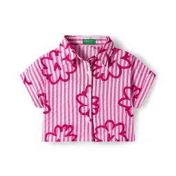 UCB Cotton Woven Seersucker Half Sleeves Shirt Style Top with Stripes & Floral Print - Pink-image-2
