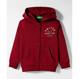 UCB Fleece Knit Full Sleeves Front Open Hooded SweatJacket with Brand Name Print & Kangaroo Pockets - Wine-picture-12
