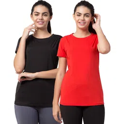 udi n adi Pack of 2 Women Solid Round Neck Polyester Black, Red T-Shirt-picture-14