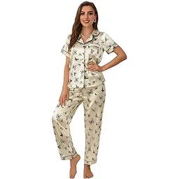 Women’s Lycra Printed Night Suit Set – Butterfly, Heart, Leopard & Floral Prints | Soft Stretch Shirt & Pajama Set with Collar & Contrast Piping | Stylish & Comfortable Sleepwear-image-4