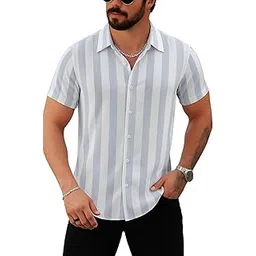 uiriuy Men's Casual Short Sleeve Vertical Striped Button Down Shirt - Multi Summer Beach Slim Fit Fashion Shirt for Party, Vacation, Streetwear-picture-40