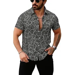 uiriuy UiriuyMen's Black Floral Print Shirt – Casual Short Sleeve Button Down | Stylish Summer Beach Wear for Men-picture-47