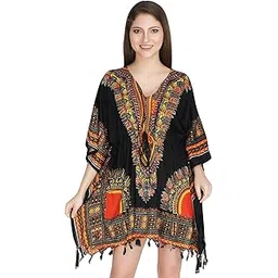 ukal Women's and Girl's Short Dashiki Print Kaftan Dress Beach Wear Kimono Nighty (Small, Orange)-picture-36