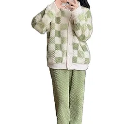 ukal Women's Winter Fashion Checked Button Down Long Sleeve Fleece Pyjama Warm Night Suit Pajamas Set-picture-14