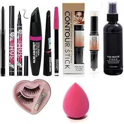 Ultra Makeup Combo of 3d Stick Contour With Waterproof Kajal Eyeliner Mascra + 36 H Sketch Eyeliner + Pencil Kajal + Makeup Fixer With Glue Eyelashes and a Beauty Blander, Matte Finish-image-10