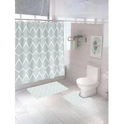 UMAI Grey & White 3 Pieces Geometric Printed Shower Curtain & Mats-picture-14