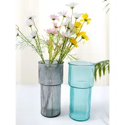 UMAI Set Of 2 Green & Grey Textured Glass Round Shaped Flower Vases-picture-27