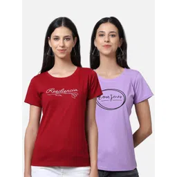 UnaOne Pack Of 2 Women Maroon & Purple Typography Printed Extended Sleeves T-shirt-picture-24