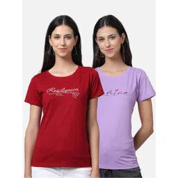 UnaOne Plus Size Women Pack Of 2 Maroon & Purple Typography Printed Pure CottonT-shirt-picture-39