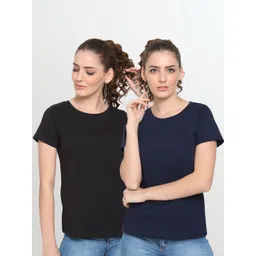 UnaOne Women Pack of 2 Black & Navy Blue Solid Plus Size T-shirt-picture-21