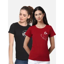 UnaOne Women Pack of 2 Maroon & Black Typography Printed Pure Cotton T-shirt-picture-22