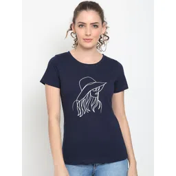 UnaOne Women Plus Size Blue & White Printed Slim Fit Cotton T-shirt-picture-30