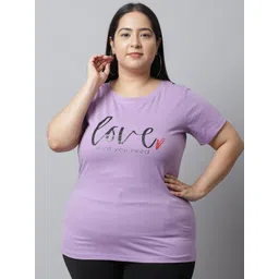 UnaOne Women Plus Size Lavender Typography Printed Slim Fit Pure Cotton T-shirt-picture-40
