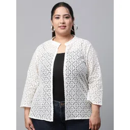 UnaOne Women Plus Size Self Design Lace Cotton Open Front Shrug-picture-25