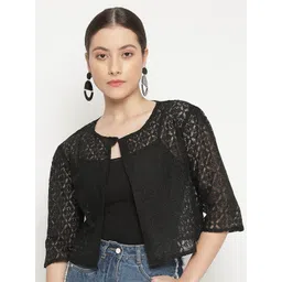 UnaOne Women Self Design Lace Open Front Pure Cotton Crop Shrug-picture-19