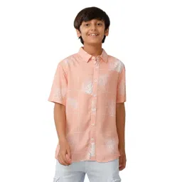 Under Fourteen Only Boys Peach Cotton Floral Shirt-picture-10