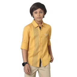 Under Fourteen Only Cotton Woven Full Sleeves Lets Go On An Adventure Text Printed & Placement Striped Shirt - Yellow-picture-15