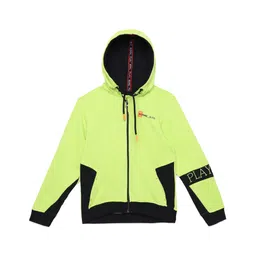 Under Fourteen Only Full Sleeves Colour Blocked Typography Printed Light Winter Hooded Sweatshirt - Green-picture-30