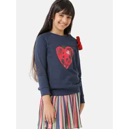 Under Fourteen Only Full Sleeves Ladybug Foil Printed Bow Applique Detailed Light Winter Sweatshirt - Navy Blue image 2