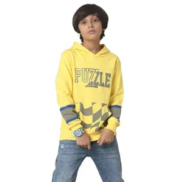 Under Fourteen Only Full Sleeves Puzzle Text Printed Light Winter Hoodie - Yellow-picture-11