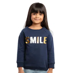 Under Fourteen Only Full Sleeves Sequins Embellished Smile Text Designed Light Winter Sweatshirt - Navy Blue-picture-10