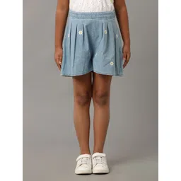 UNDER FOURTEEN ONLY Girls Floral Embroidered Cotton Denim Shorts-picture-11