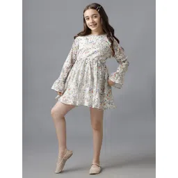 UNDER FOURTEEN ONLY Girls Floral Print Bell Sleeve Embroidered Cotton Fit and Flare Dress-picture-42