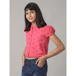 UNDER FOURTEEN ONLY Girls Self Design Mandarin Collar Puff Sleeve Cotton Shirt Style Top-picture-51