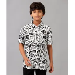 Under Fourteen Only Rayon Woven Half Sleeves Music Theme Printed Shirt - Black-picture-14