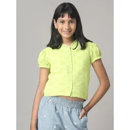 UNDER FOURTEEN ONLY Schiffli V-Neck Puff Sleeves Cotton Shirt Style Top-picture-42