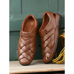 UNDERROUTE Men Tan Solid Leather Shoe-Style Sandals-picture-29