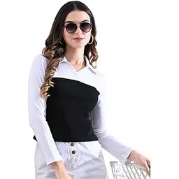 unifringe Ribbed Two-Tone Collared Cotton Top for Women – Black & White-picture-48