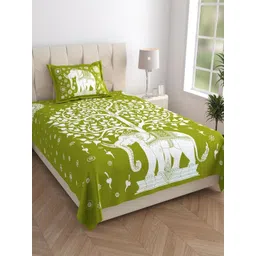 UNIQCHOICE Green & White Ethnic Motifs 120 TC Single Bedsheet with 1 Pillow Covers-picture-35