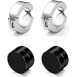 Uniqon (2 Pair) CMB7340 Trendy Silver And Black Round Shaped Press Non-Piercing And (8mm Medium Size) Magnetic Style Clip On Metal Barbell Earring Hoop Bali Stud For Men And Women-picture-46