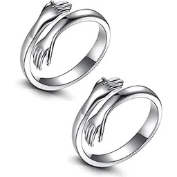 Uniqon Set Of 2 Stainless Steel Love Forever Silver Color Valentine's Day Romantic Love Couple Promise Embrace Statement Anniversary Adjustable Hand Hug Me Thumb Finger Ring-picture-27