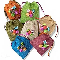 Unisex Colored Jute Potli With Multicolour Flower Jute Linen Potlis | 6 x 5 inches | Gift Bags for Return Gifts Bags| Jute Linen,Burlap-picture-10