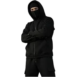 Unisex Full-Zip Hooded Jacket, Cotton Blend, Fleece Lined, Winter Wear, Black, Oversized Fit-picture-19