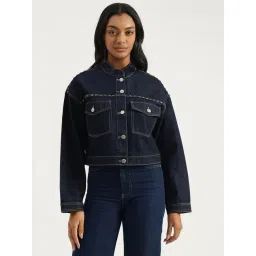 United Colors of Benetton Band Neck Solid Studded Raw Denim Trucker Jacket-picture-16