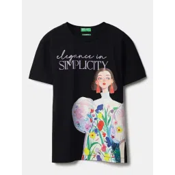 United Colors Of Benetton Black Cotton Longline Printed T-Shirt-picture-24
