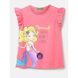 United Colors of Benetton Girls Flutter Sleeves Mermaid Typography Printed Cotton Top-picture-56