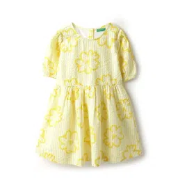 United Colors of Benetton Girls Yellow Cotton Floral Print Dress-picture-20
