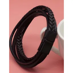 UNIVERSITY TRENDZ Men Black Leather Silver-Plated Multistrand Bracelet-picture-18