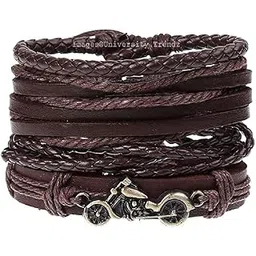 university trendz Stylish Funky Multistrand Bike Charm Leather Biker Bracelet for Men and Boys (Set of 4) (Brown)-picture-25